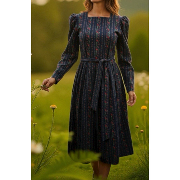 Vintage Laura Ashley Corduroy Square Neck Puff Sleeve Dress Cottagecore Prairie - Picture 15 of 16